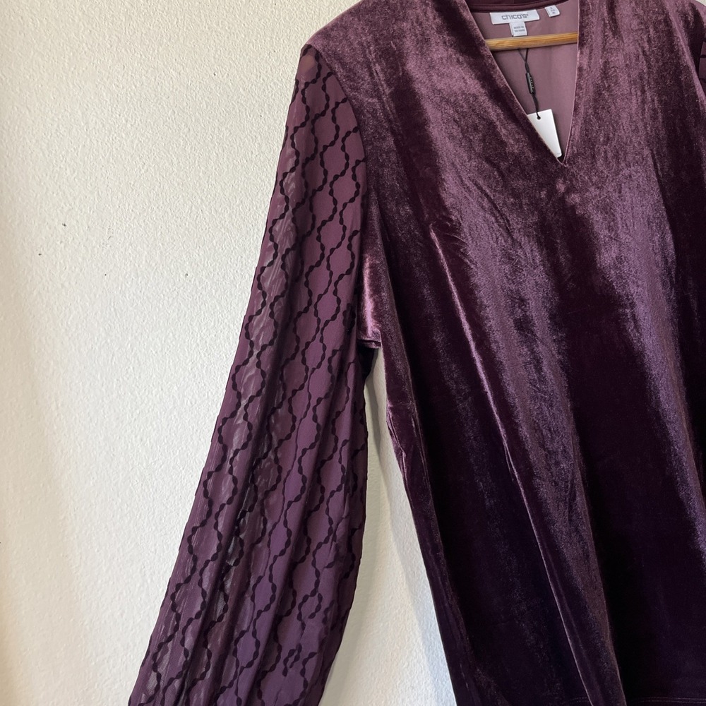 Chico's Velvet Art Deco Burnout Sheer V Neck Blouse Fairy Holiday US XL/3 New - Picture 4 of 9